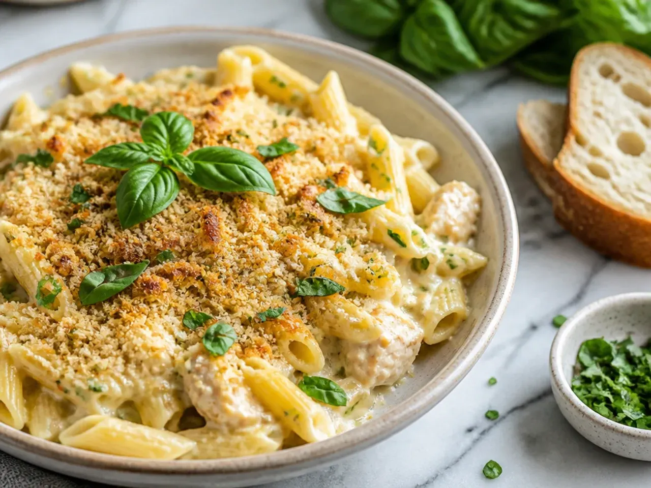 Assembled unbaked chicken alfredo casserole covered with cling film and foil in the fridge