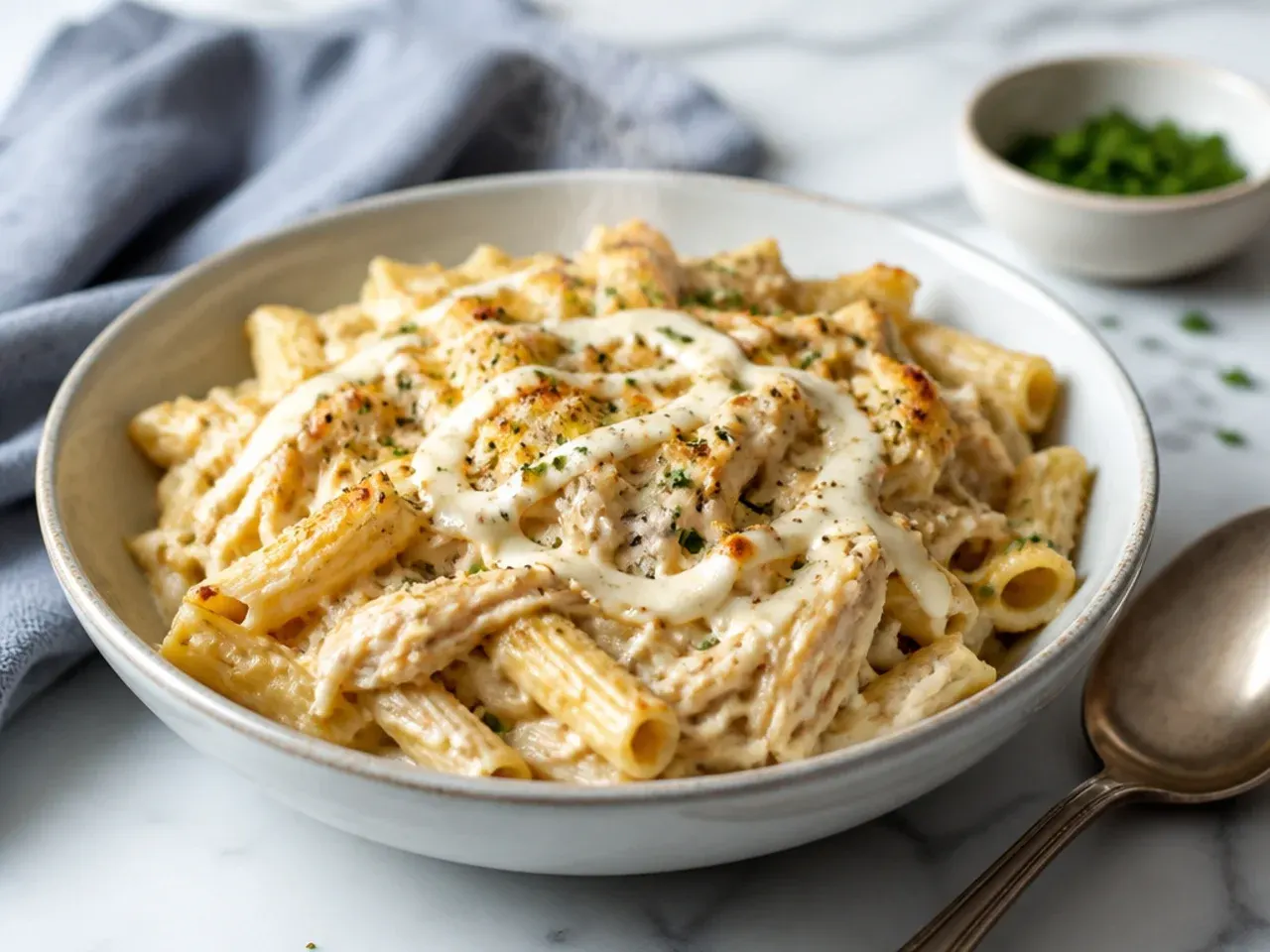Shredded rotisserie chicken in a bowl ready to mix into the casserole