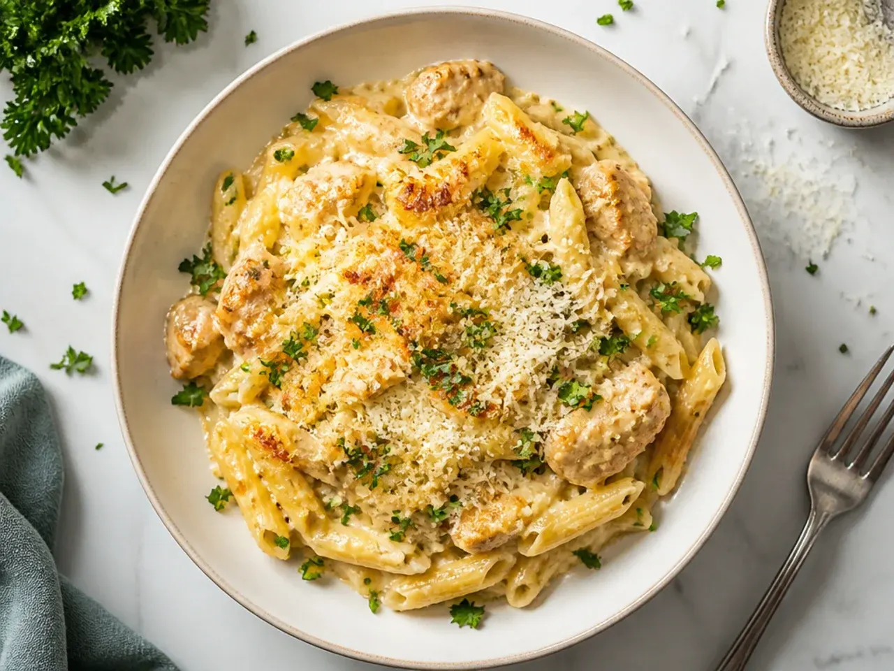 Jar of alfredo sauce being poured into a mixing bowl with pasta
