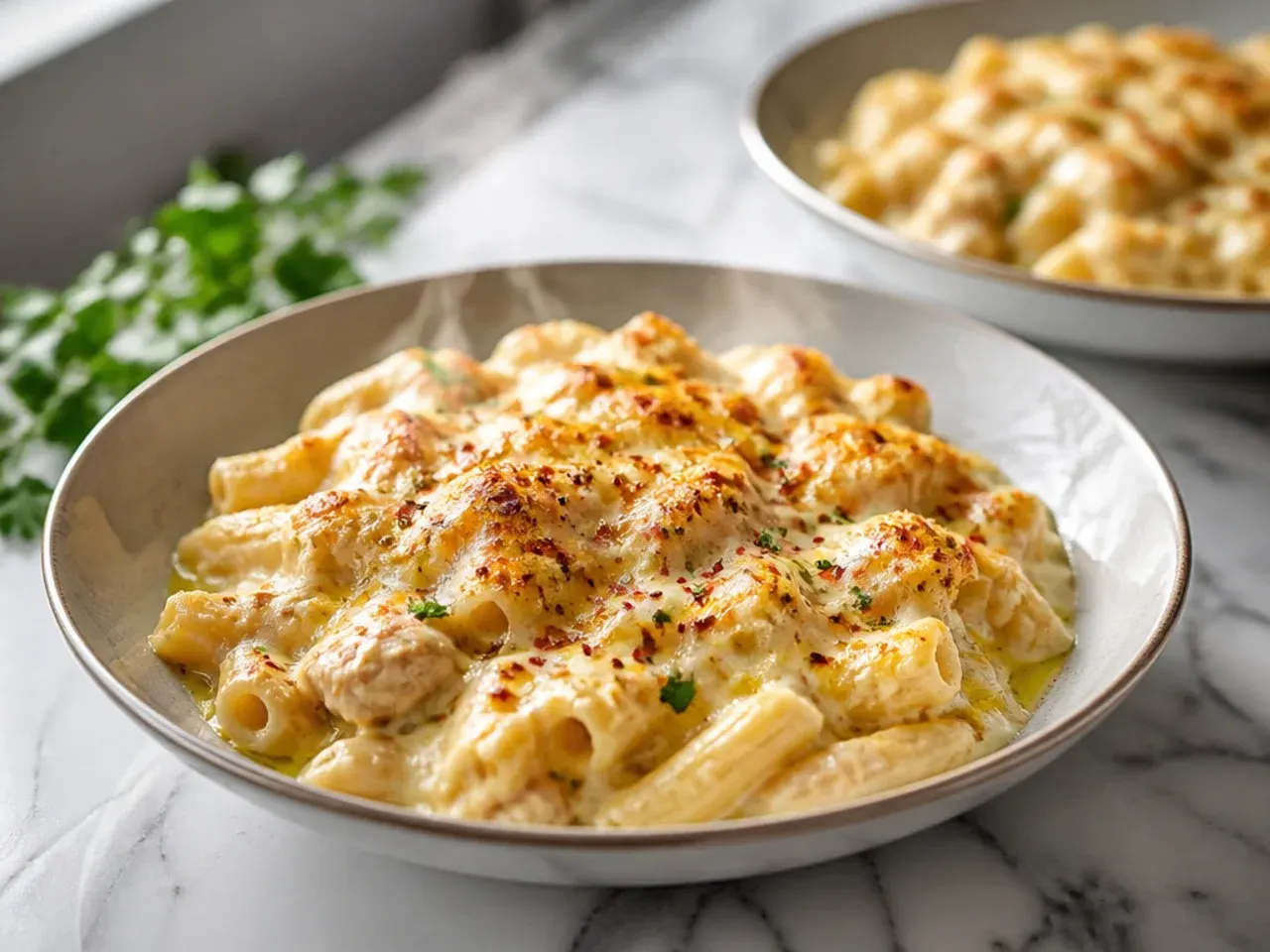 Golden bubbling cheese topping on chicken alfredo casserole under the grill