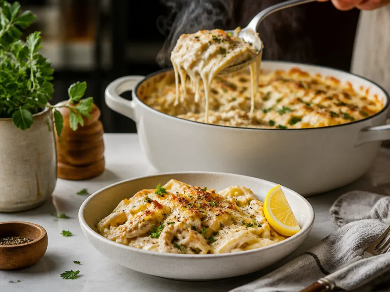 Whole nutmeg being grated over a creamy alfredo sauce