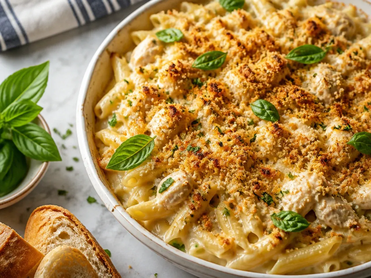 Large double batch of chicken alfredo casserole in an extra-deep baking dish