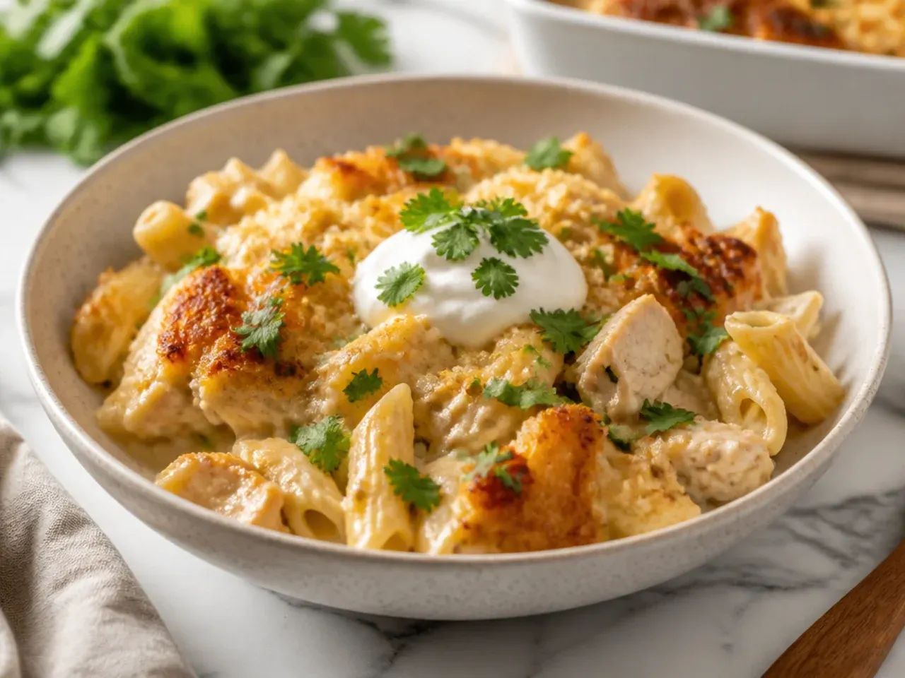 Leftover chicken alfredo casserole in a container with a splash of milk being added before reheating