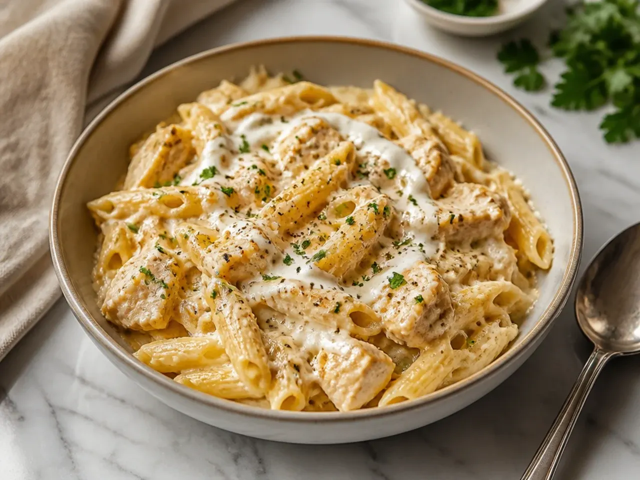 Uncooked penne and rotini pasta shapes compared side by side
