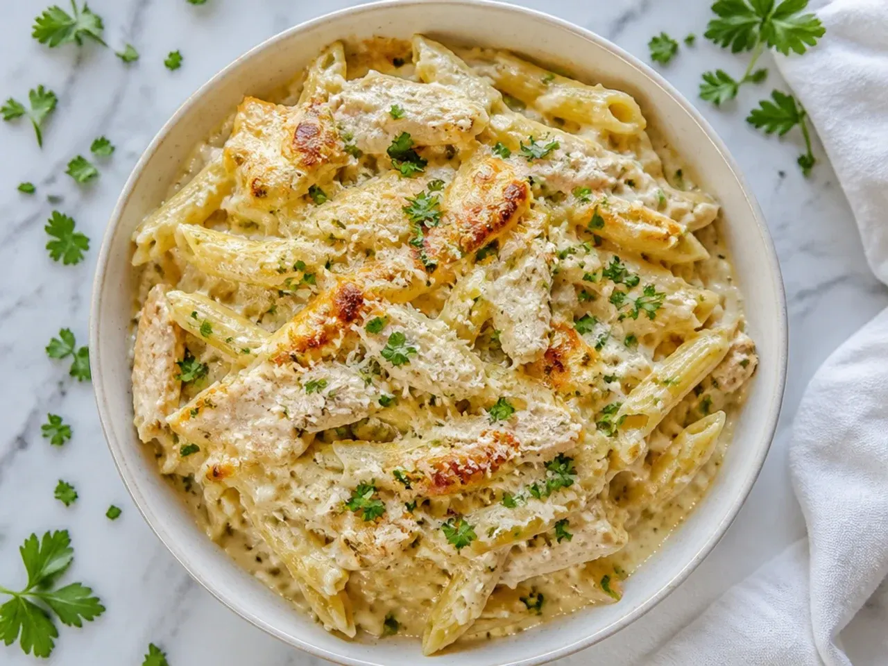 Shredded cheese being folded into pasta and sauce before assembling the casserole