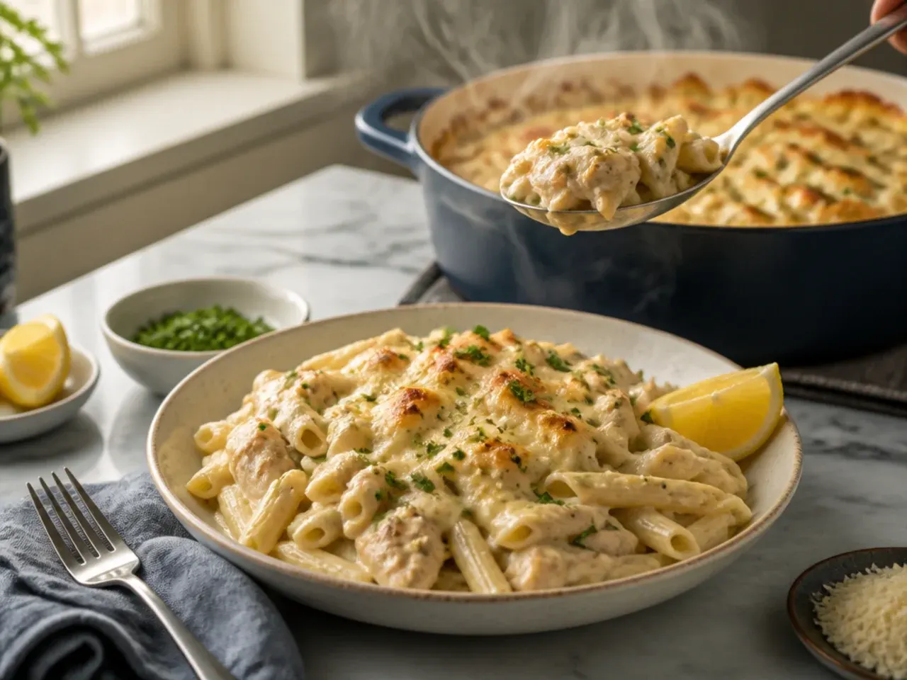 Tasting spoon dipped into a saucepan of alfredo sauce