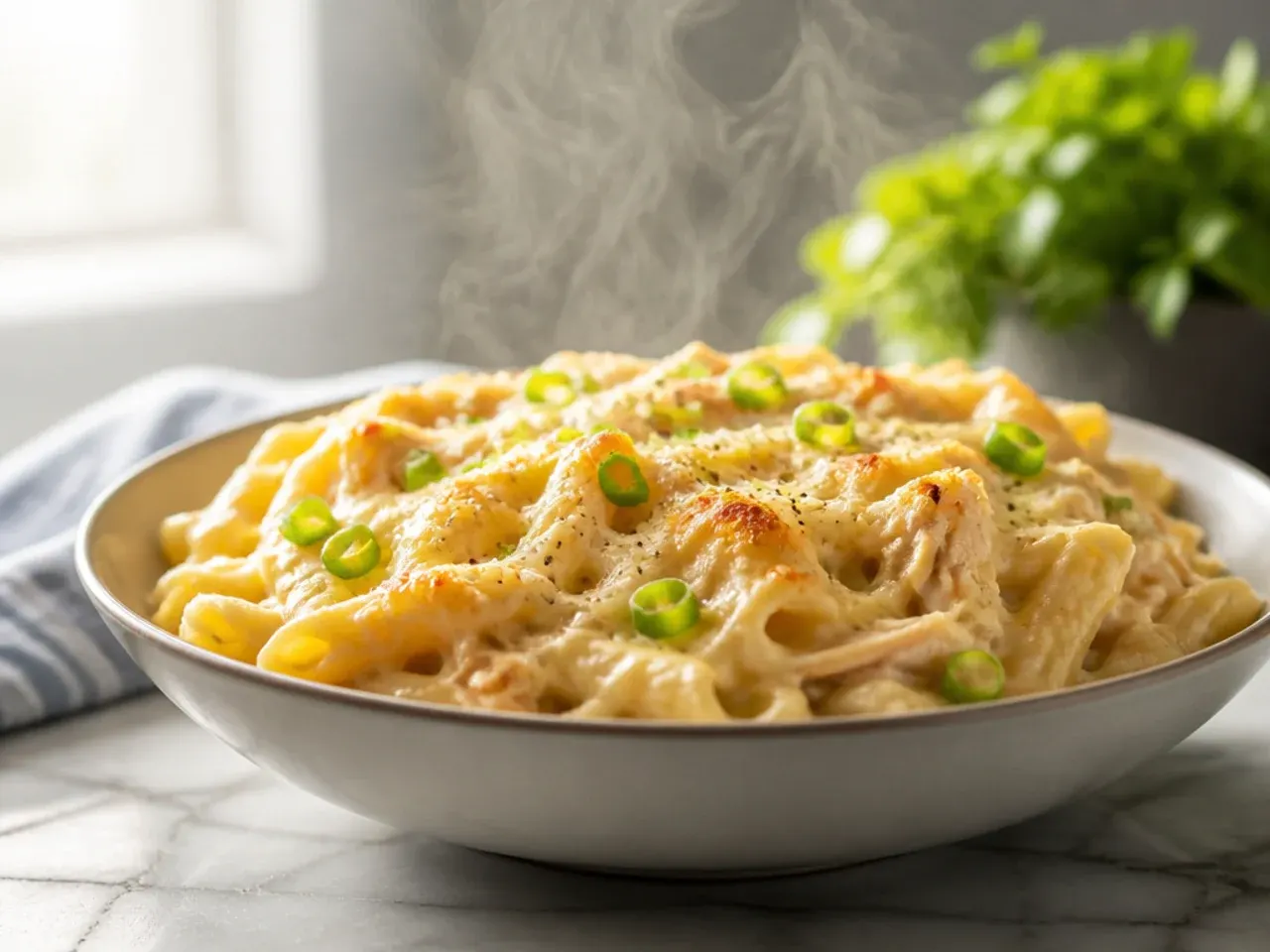 Chicken alfredo casserole portioned into individual meal-prep containers