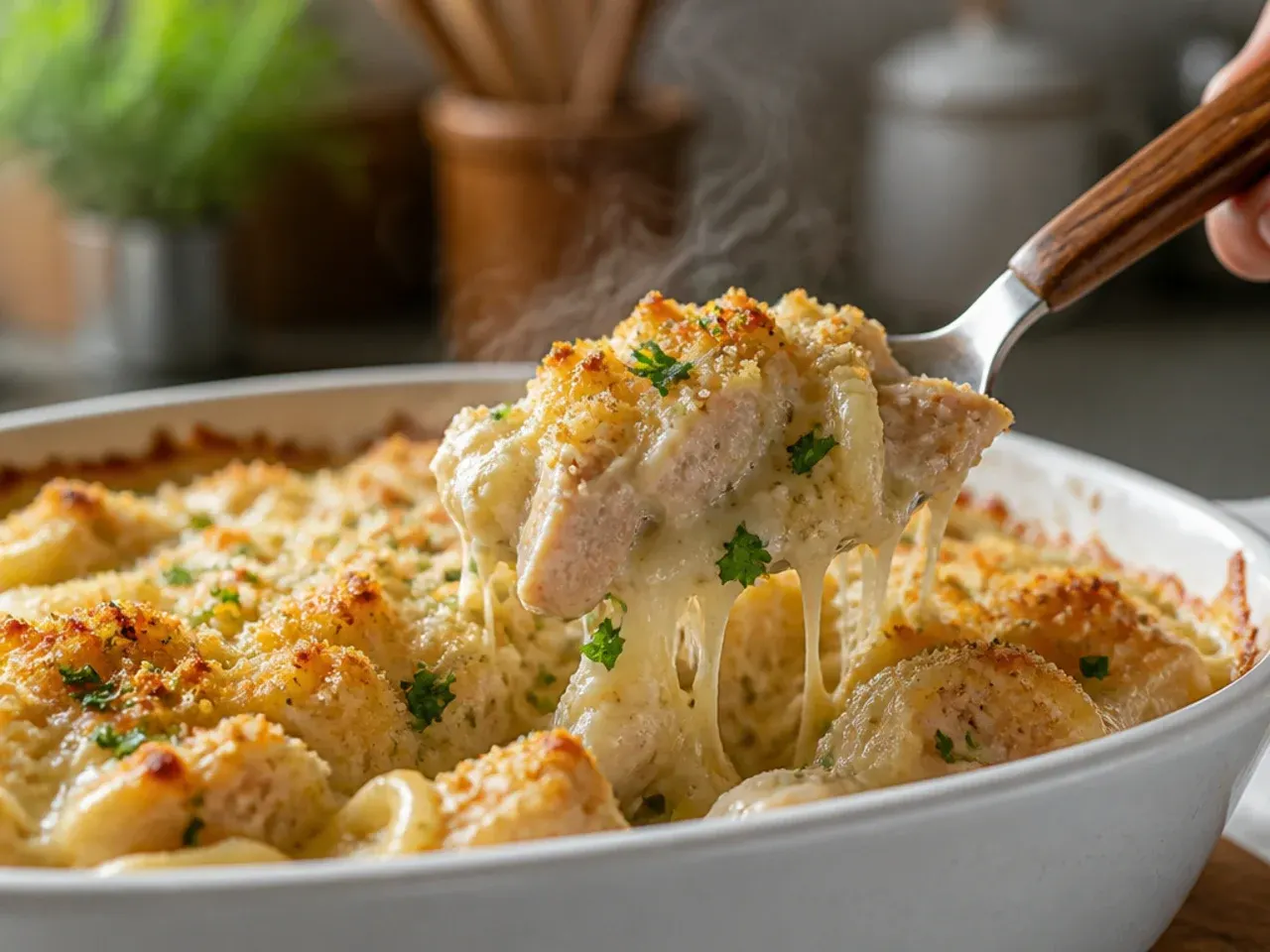 Finished chicken alfredo casserole fresh out of the oven with golden bubbling cheese
