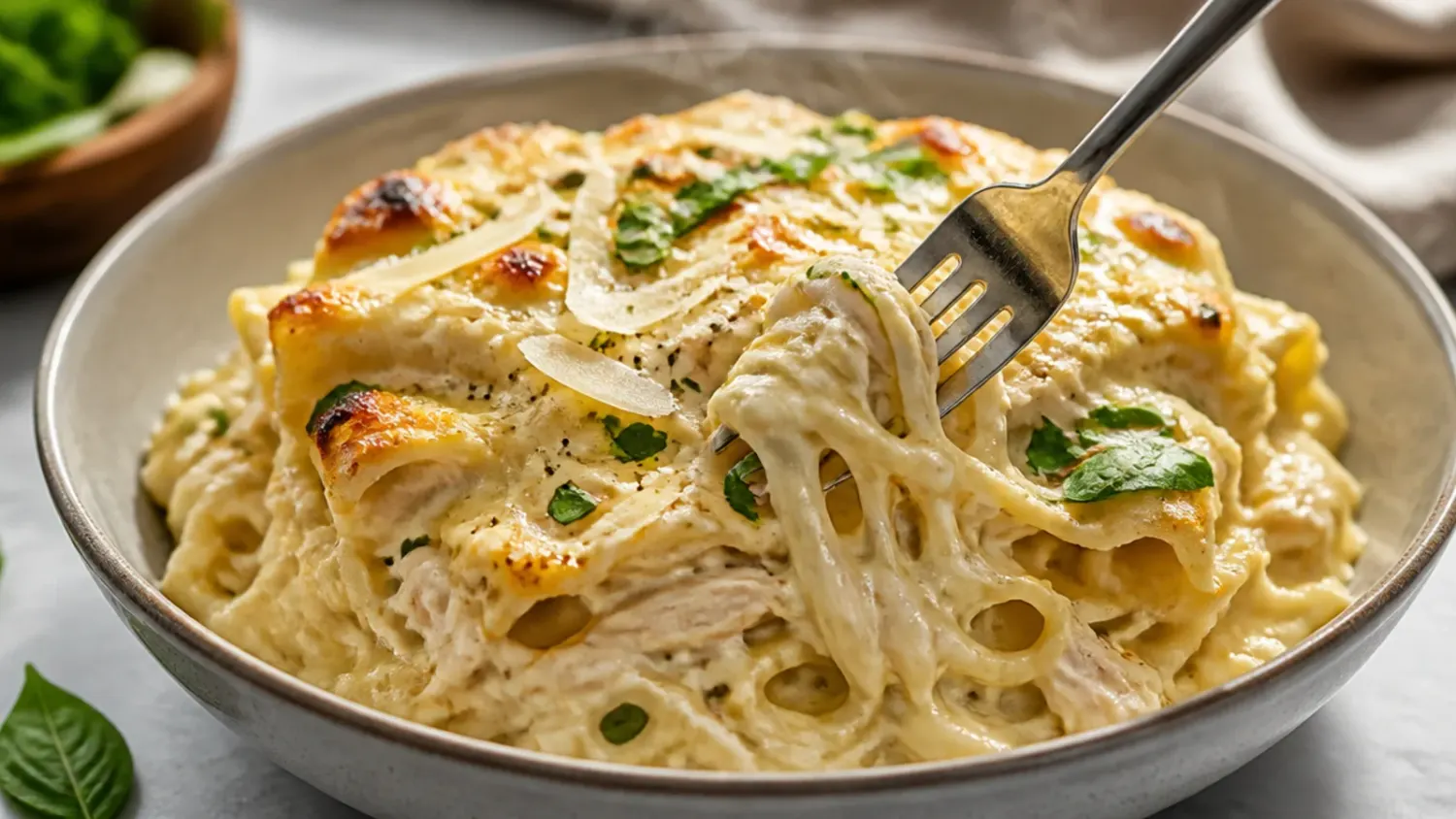 A golden, bubbling dish of chicken alfredo lasagna fresh out of the oven with a slice lifted to show the creamy layers