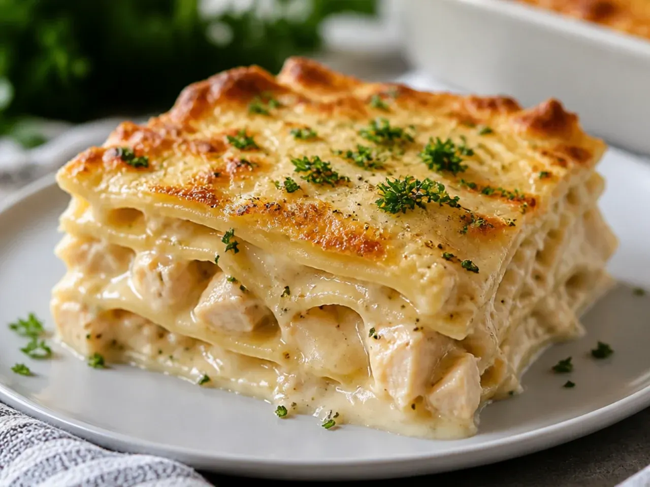 Overhead shot of a full baking dish of chicken alfredo lasagna surrounded by ingredients like parmesan, chicken and spinach