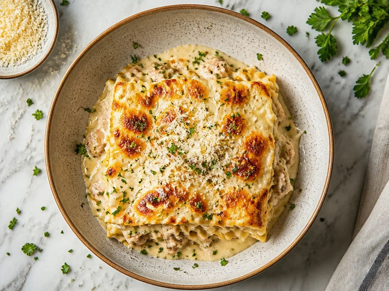 Cross-section slice of classic chicken alfredo lasagna showing distinct pasta, chicken and cheese layers
