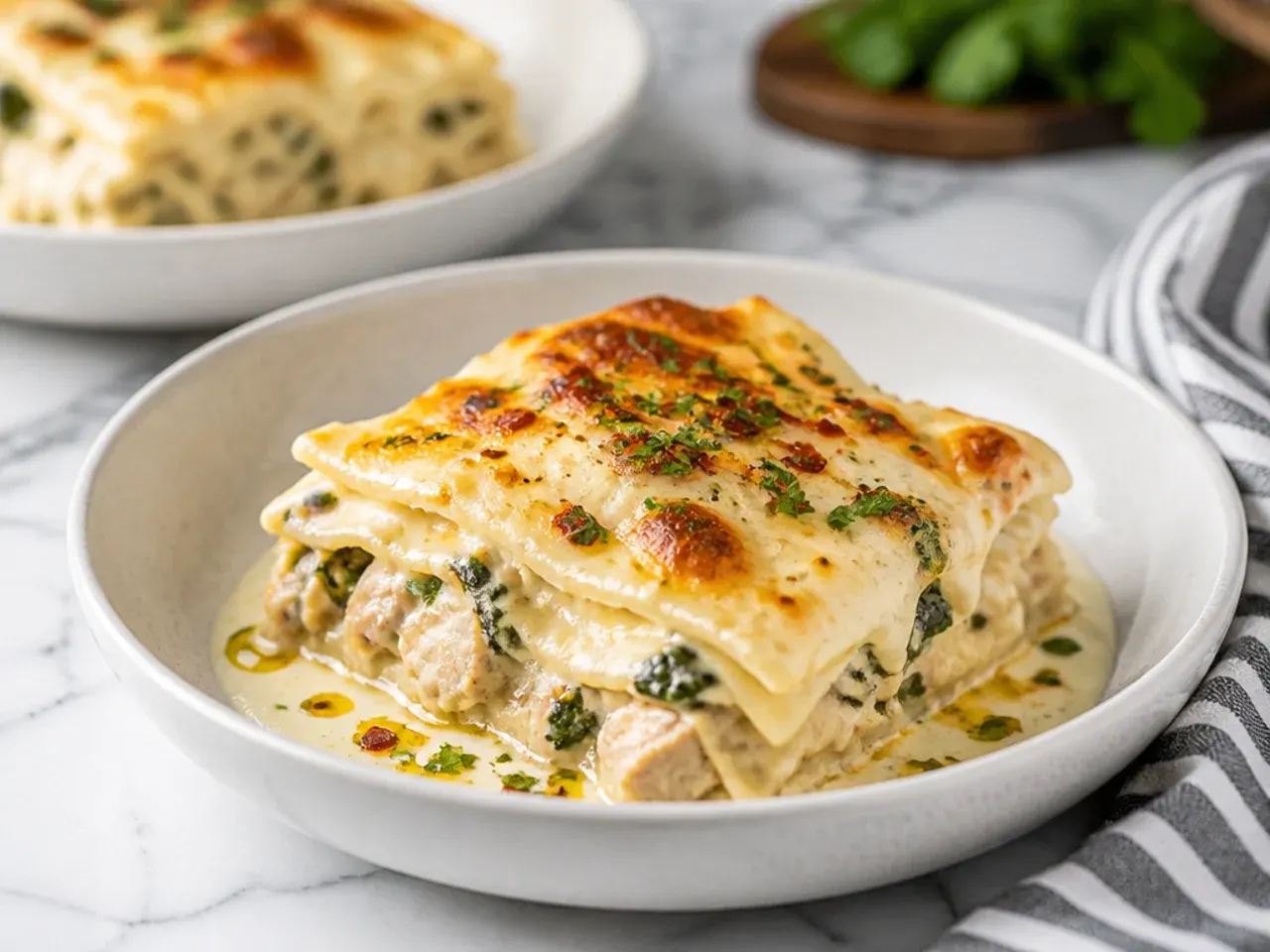 Quick weeknight chicken alfredo lasagna assembled in a baking dish ready to go into the oven