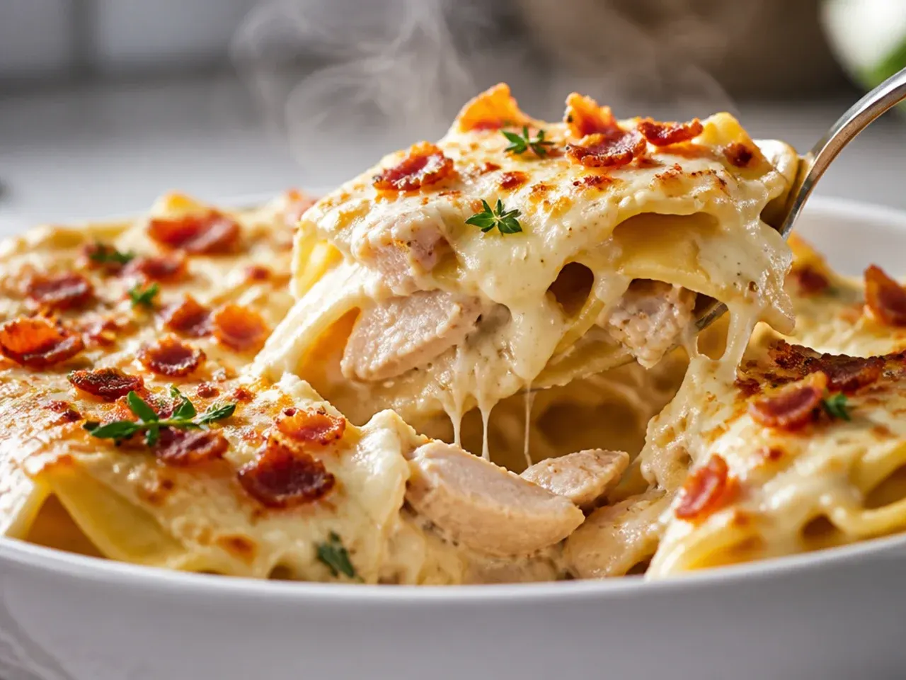 Hearty chicken and bacon alfredo lasagna slice showing crispy bacon pieces throughout the layers