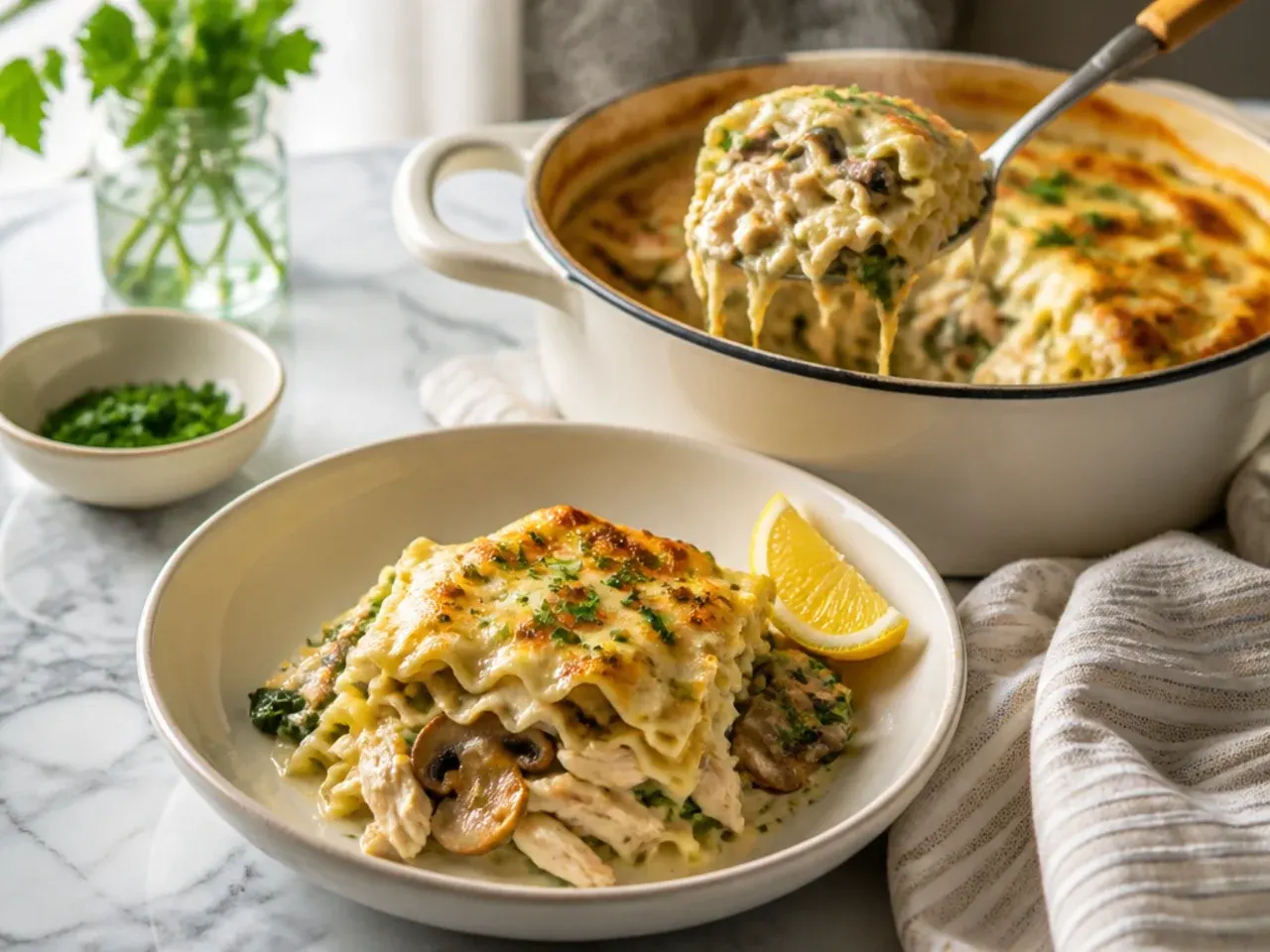 Cozy chicken alfredo lasagna with visible mushroom slices and wilted spinach in the filling