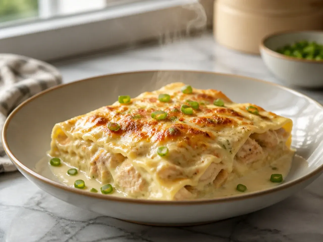 Extra creamy three-cheese chicken alfredo lasagna with a glossy, silky sauce visible between layers