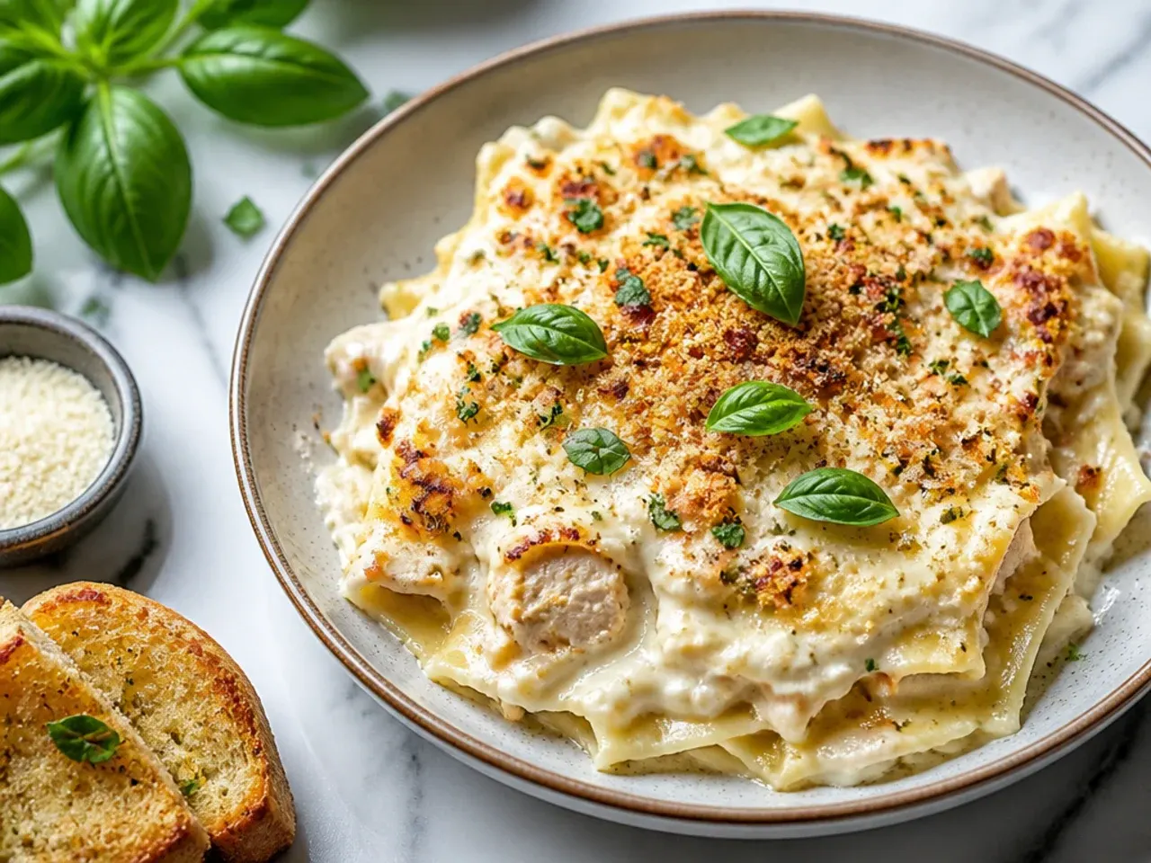 No-boil lasagna sheets being layered directly into a baking dish with extra alfredo sauce