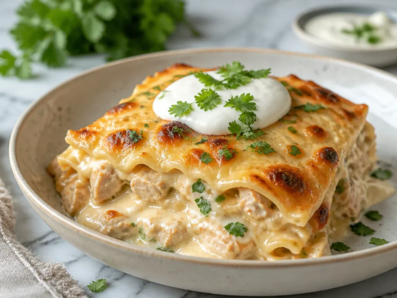 Cheesy chicken alfredo lasagna slice being lifted with a long stretchy mozzarella cheese pull