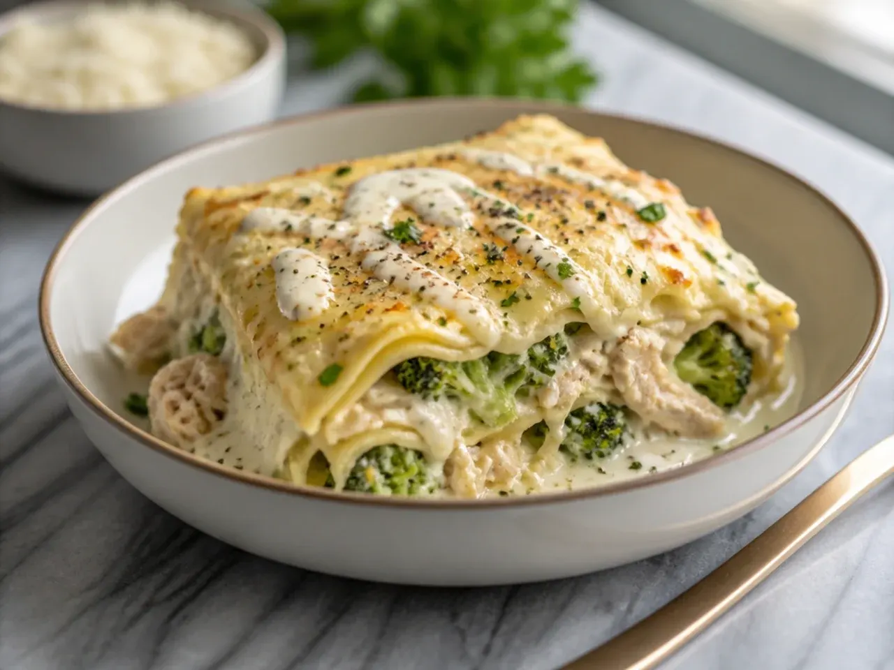 Comforting chicken alfredo lasagna with bright green broccoli florets mixed into the filling