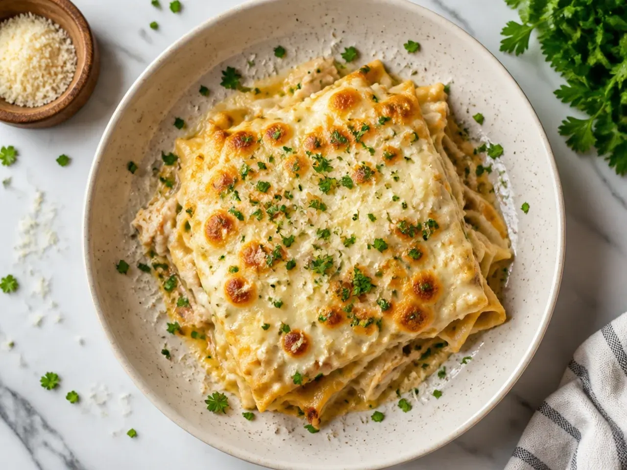 Budget-friendly chicken alfredo lasagna made with simple pantry ingredients on a kitchen counter