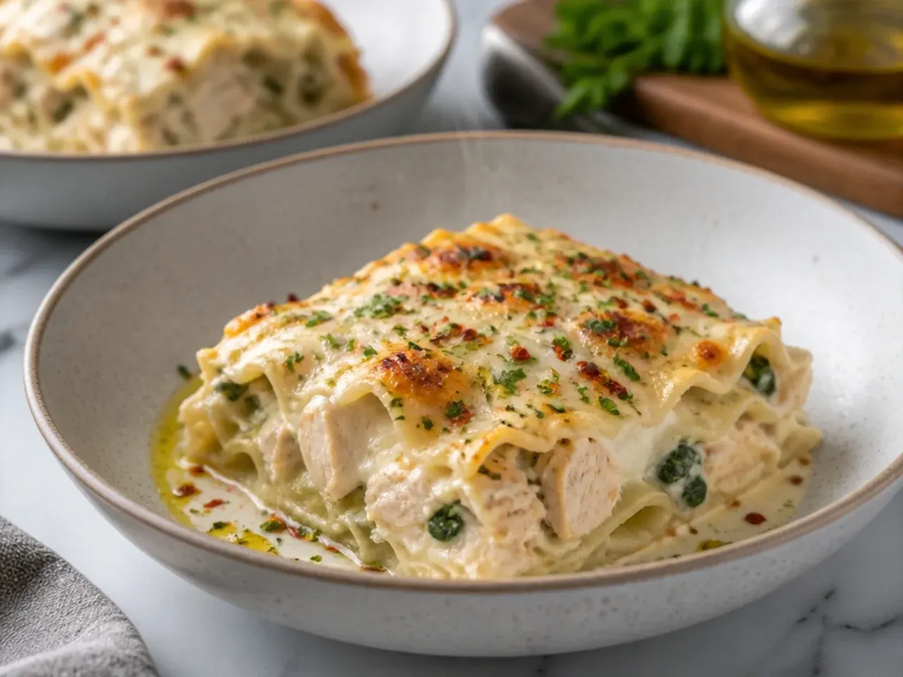 One-skillet chicken alfredo lasagna baked and served straight from a cast iron pan