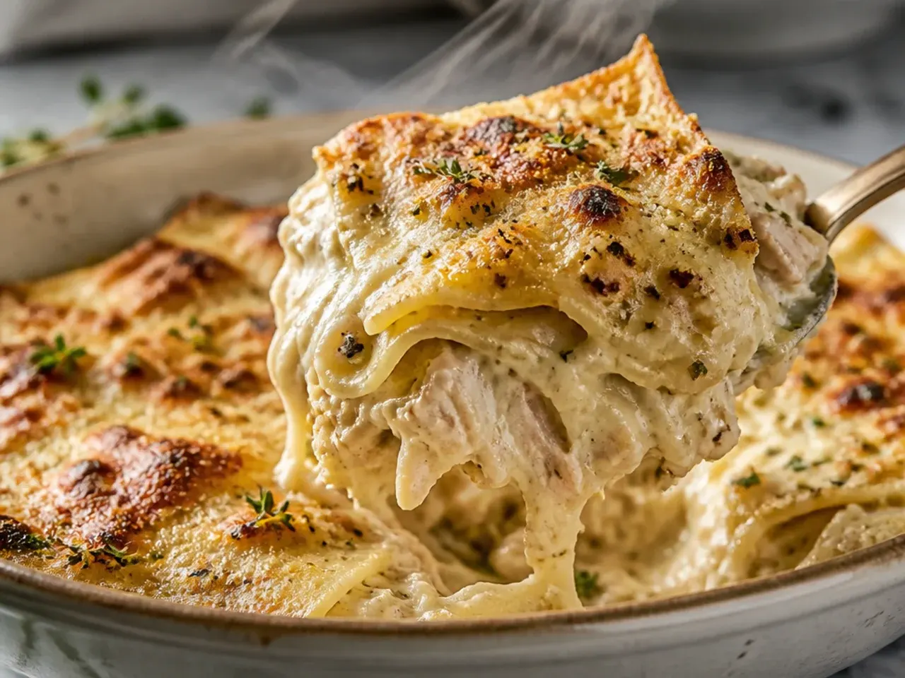 Rustic chicken alfredo lasagna with a roasted garlic bulb and cloves shown alongside the finished dish