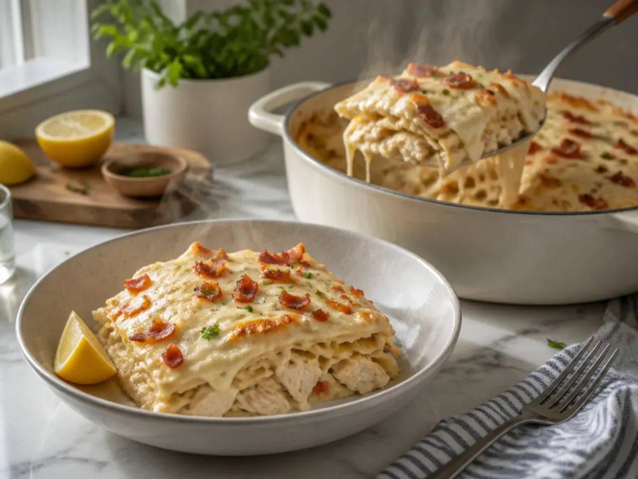 Loaded chicken alfredo lasagna topped with crispy bacon, melted cheddar and a ranch drizzle