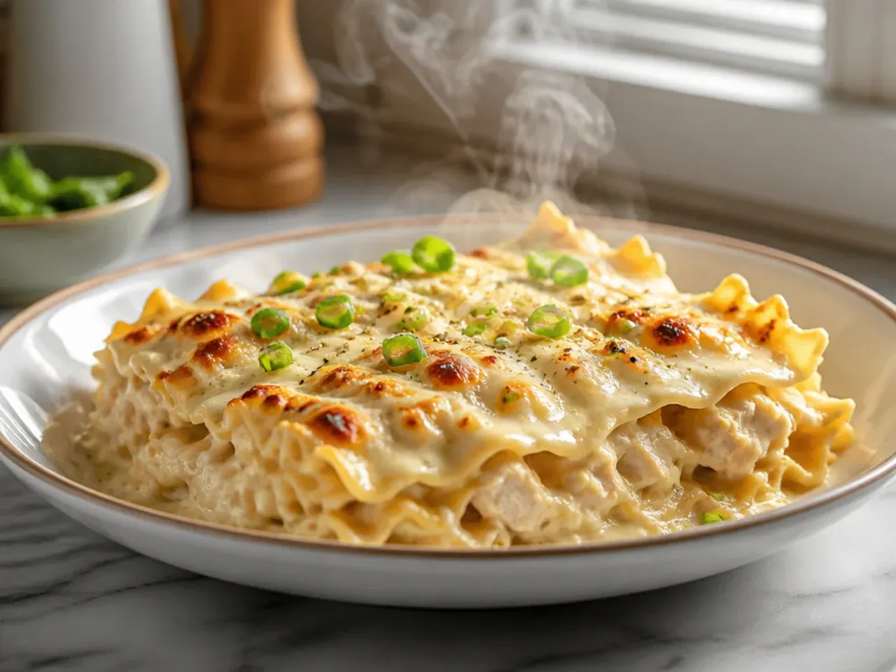 Large family-size batch of chicken alfredo lasagna in a deep roasting tin ready to serve a crowd
