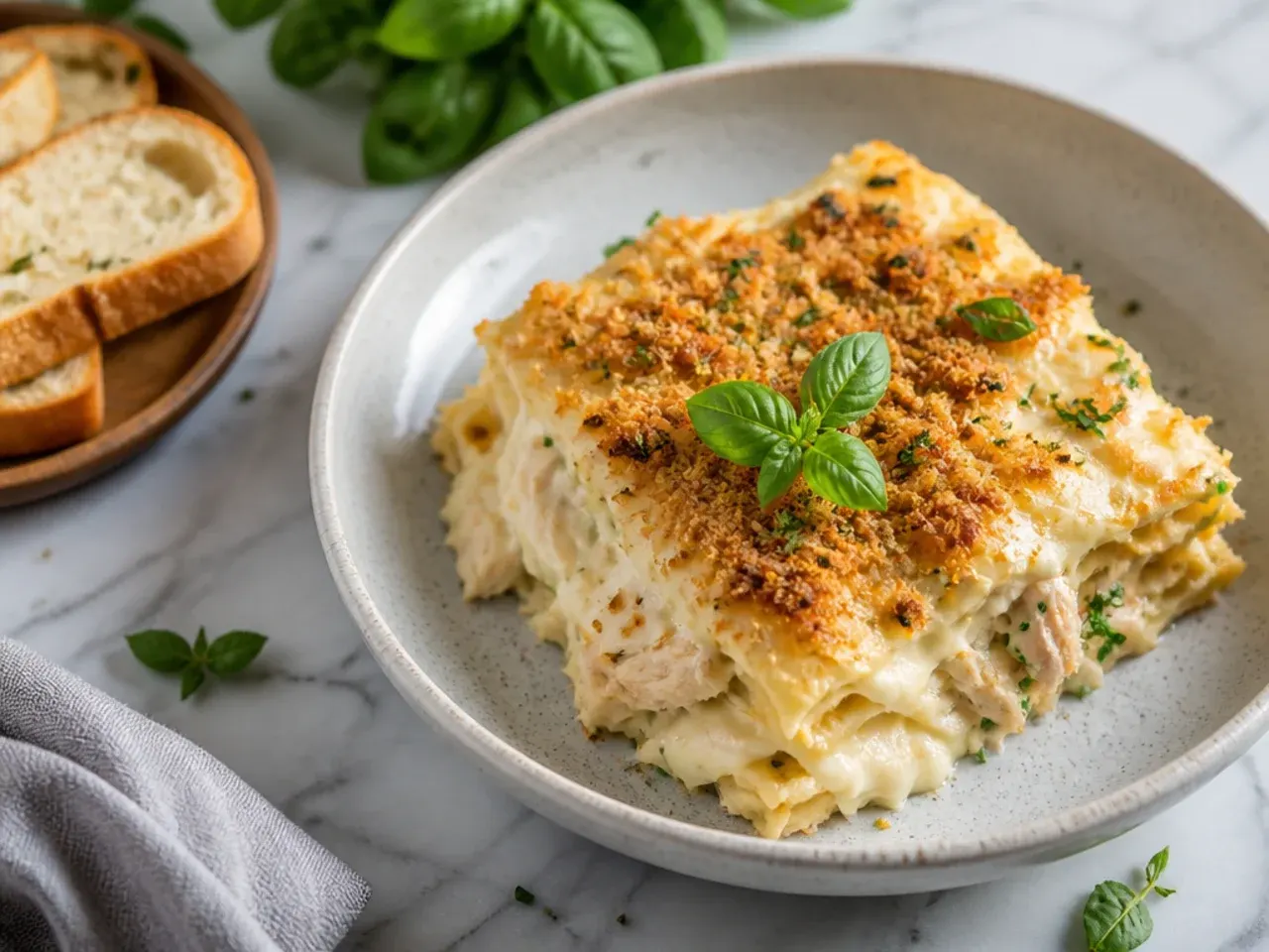 Best-ever chicken alfredo lasagna with a deeply golden, blistered cheese top fresh from the grill
