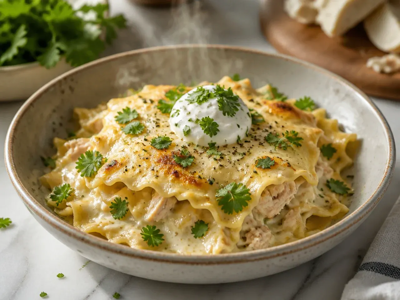 One-pot stovetop chicken alfredo lasagna being stirred together in a large pot on the hob
