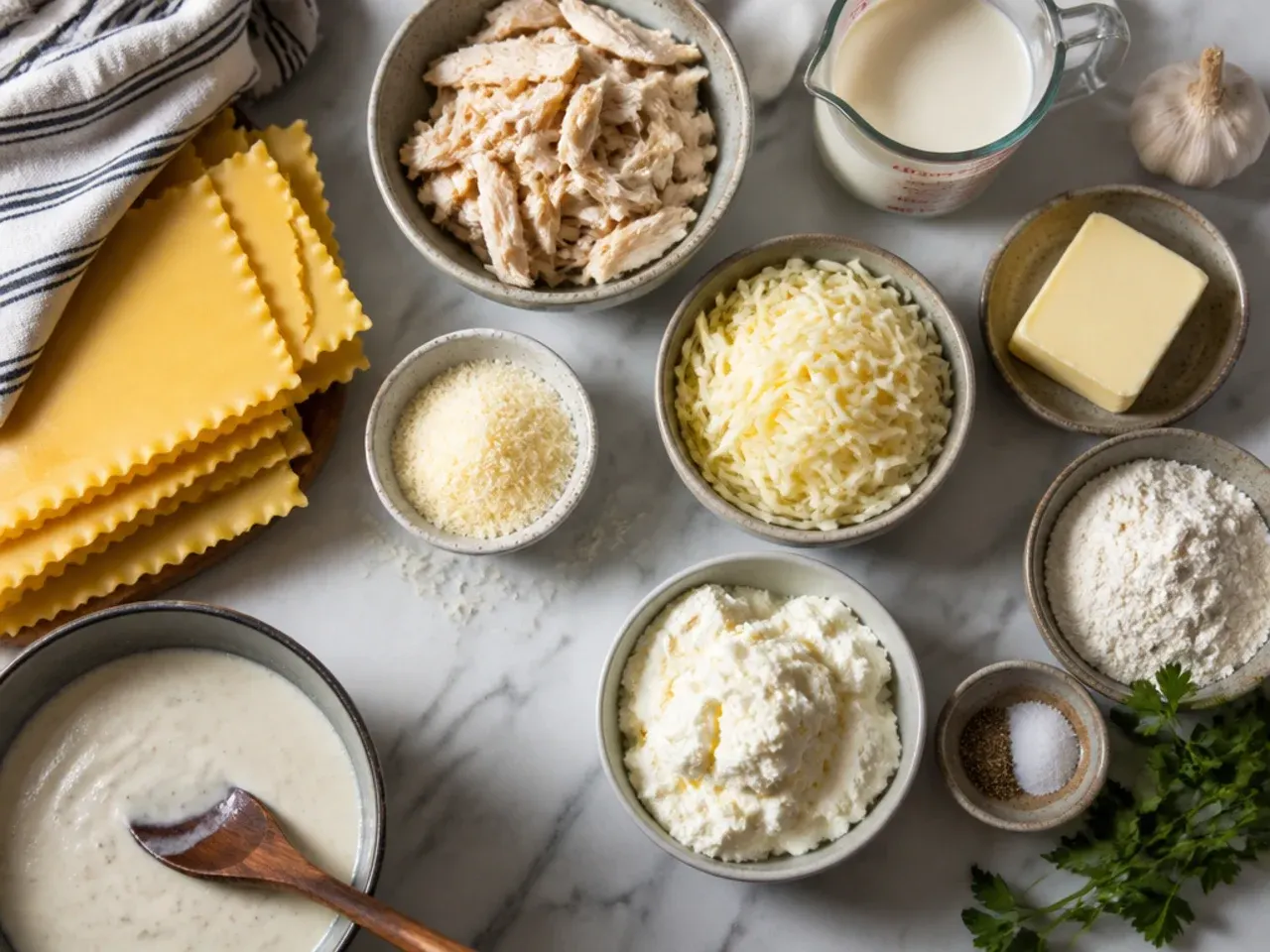 Close-up of hands grating fresh parmesan cheese over a bowl of chicken alfredo lasagna filling