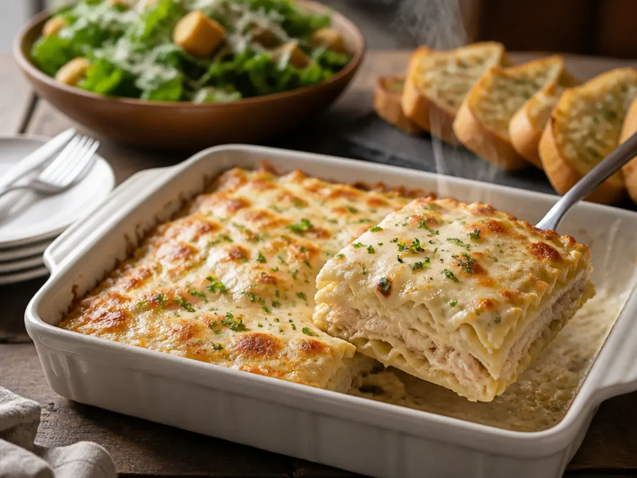 A plated slice of chicken alfredo lasagna served with garlic bread and a side salad