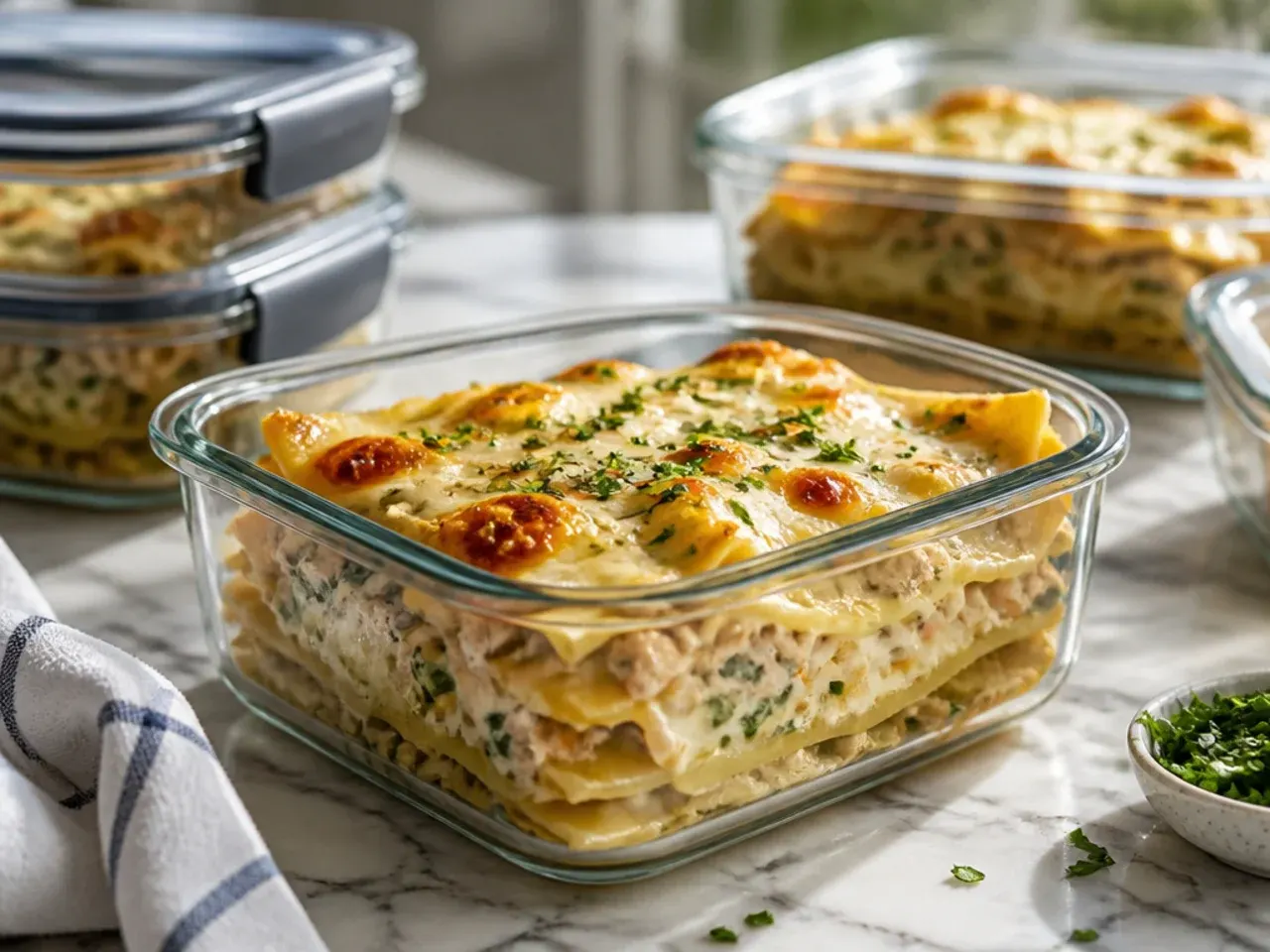 A single portion of leftover chicken alfredo lasagna being reheated on a plate
