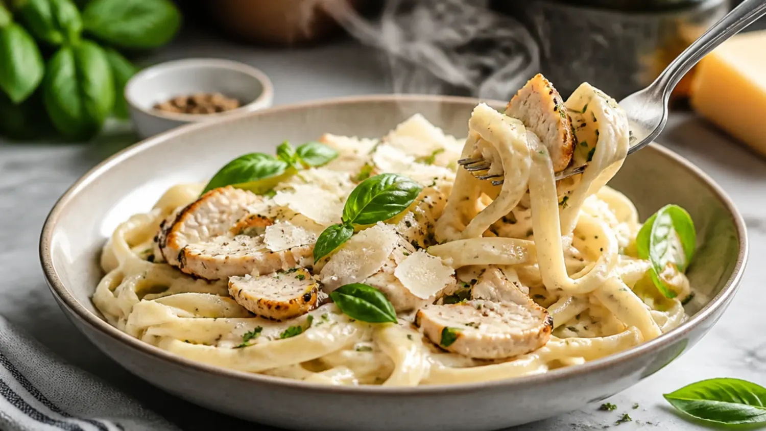 Overhead shot of creamy chicken alfredo pasta twirled on a fork, topped with grated parmesan and fresh parsley