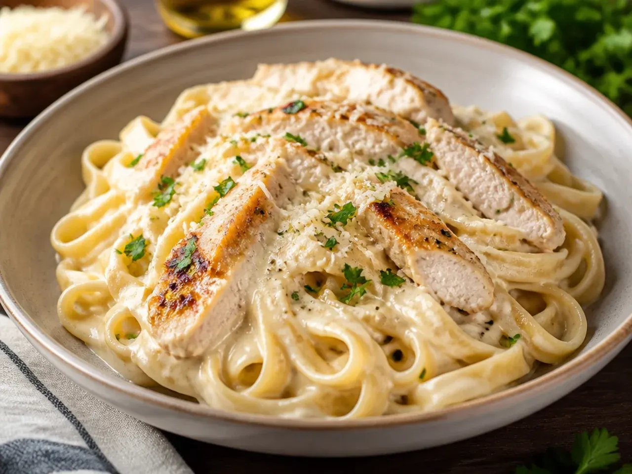 Close-up of creamy chicken alfredo pasta in a white bowl with steam rising