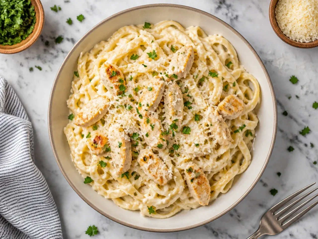 Classic chicken alfredo fettuccine pasta in a cream sauce on a white plate