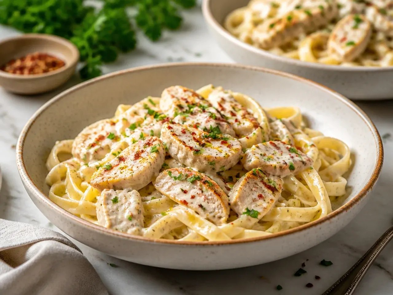 Quick weeknight chicken alfredo pasta being tossed in a skillet