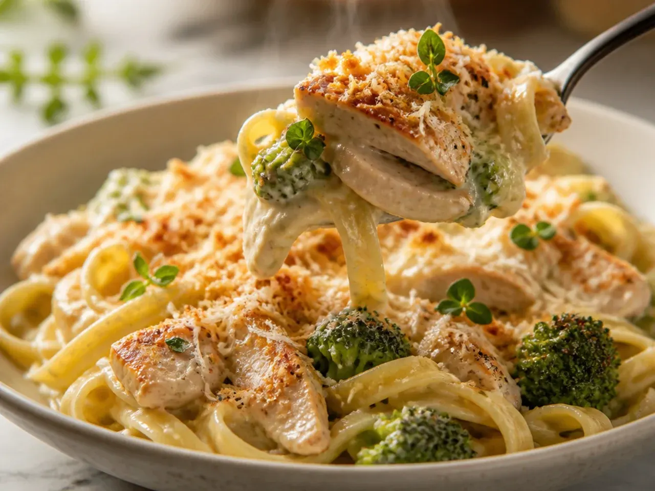Chicken and broccoli alfredo pasta in a creamy sauce with green florets