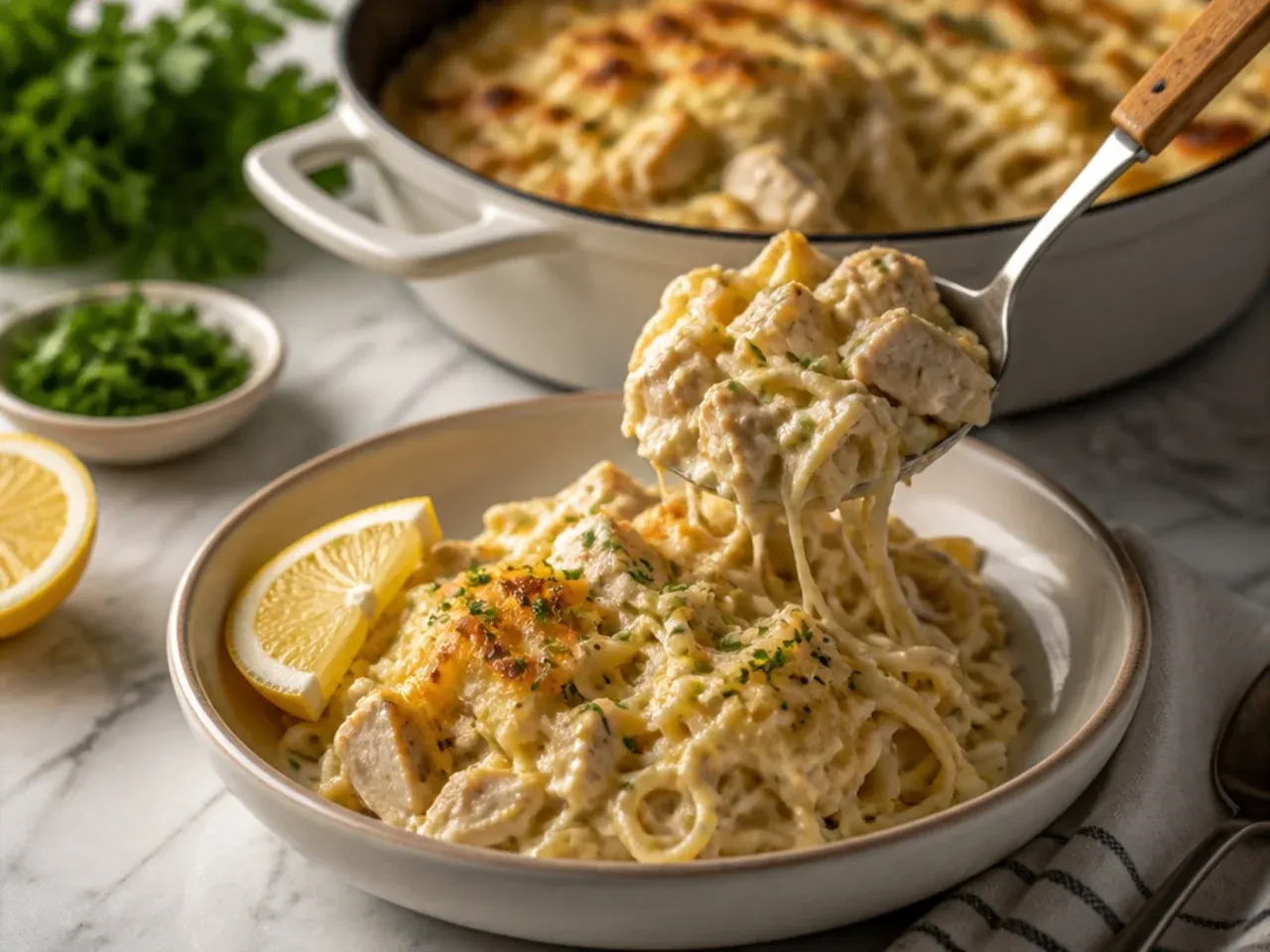 Baked chicken alfredo pasta casserole with golden bubbling cheese topping