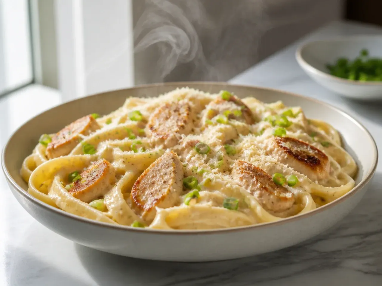 Extra creamy chicken alfredo pasta with thick sauce coating fettuccine