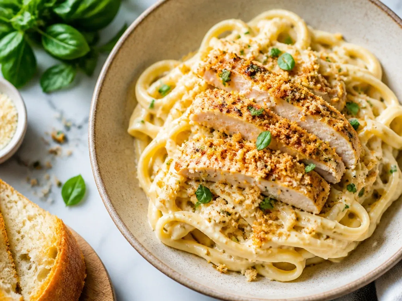 Simple five-ingredient chicken alfredo pasta in a minimalist white bowl