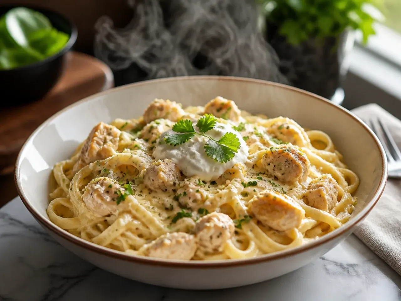 Four-cheese chicken alfredo pasta with melted cheese strands