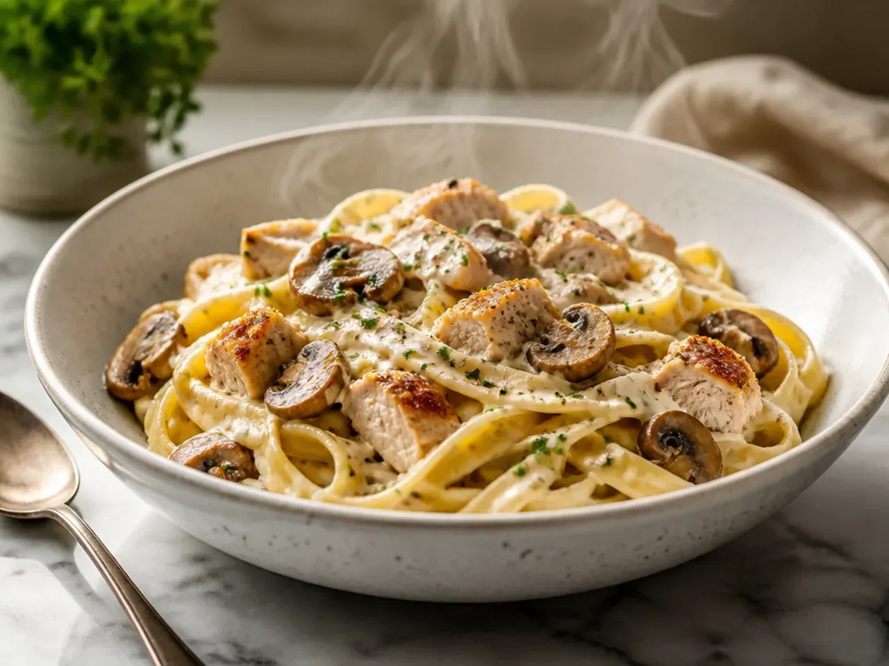 Creamy chicken and mushroom alfredo pasta with golden sautéed mushrooms