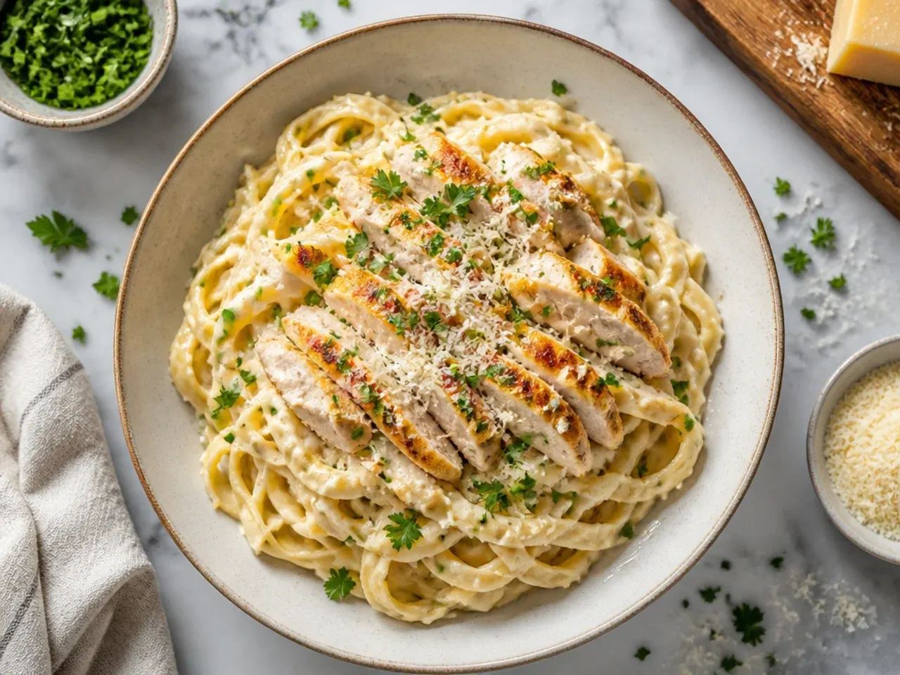 Budget-friendly chicken alfredo pasta made with milk-based sauce