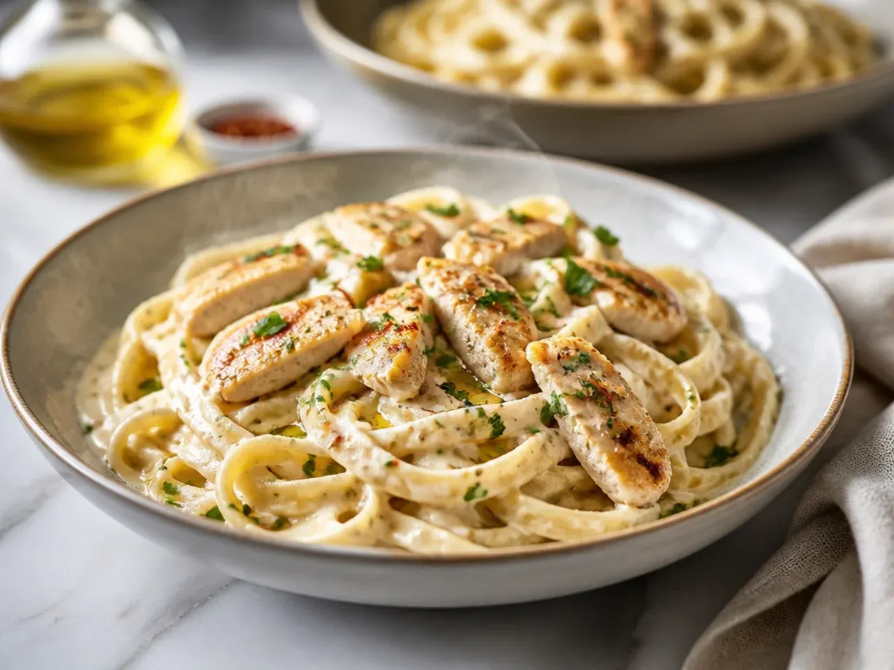 One-pan chicken alfredo pasta cooking in a single skillet