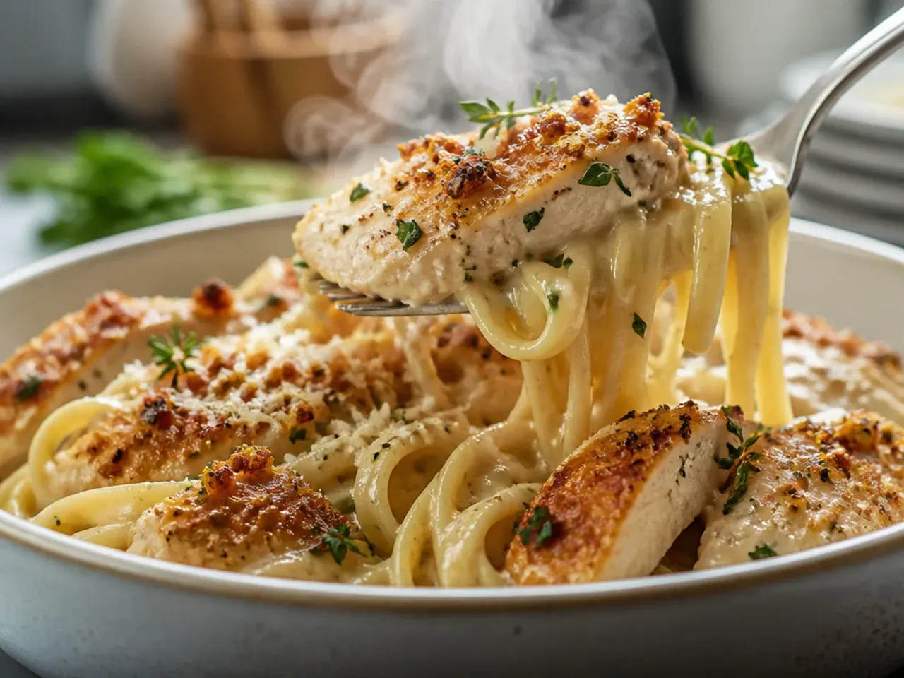 Rustic chicken alfredo pasta with roasted garlic cloves and fresh basil