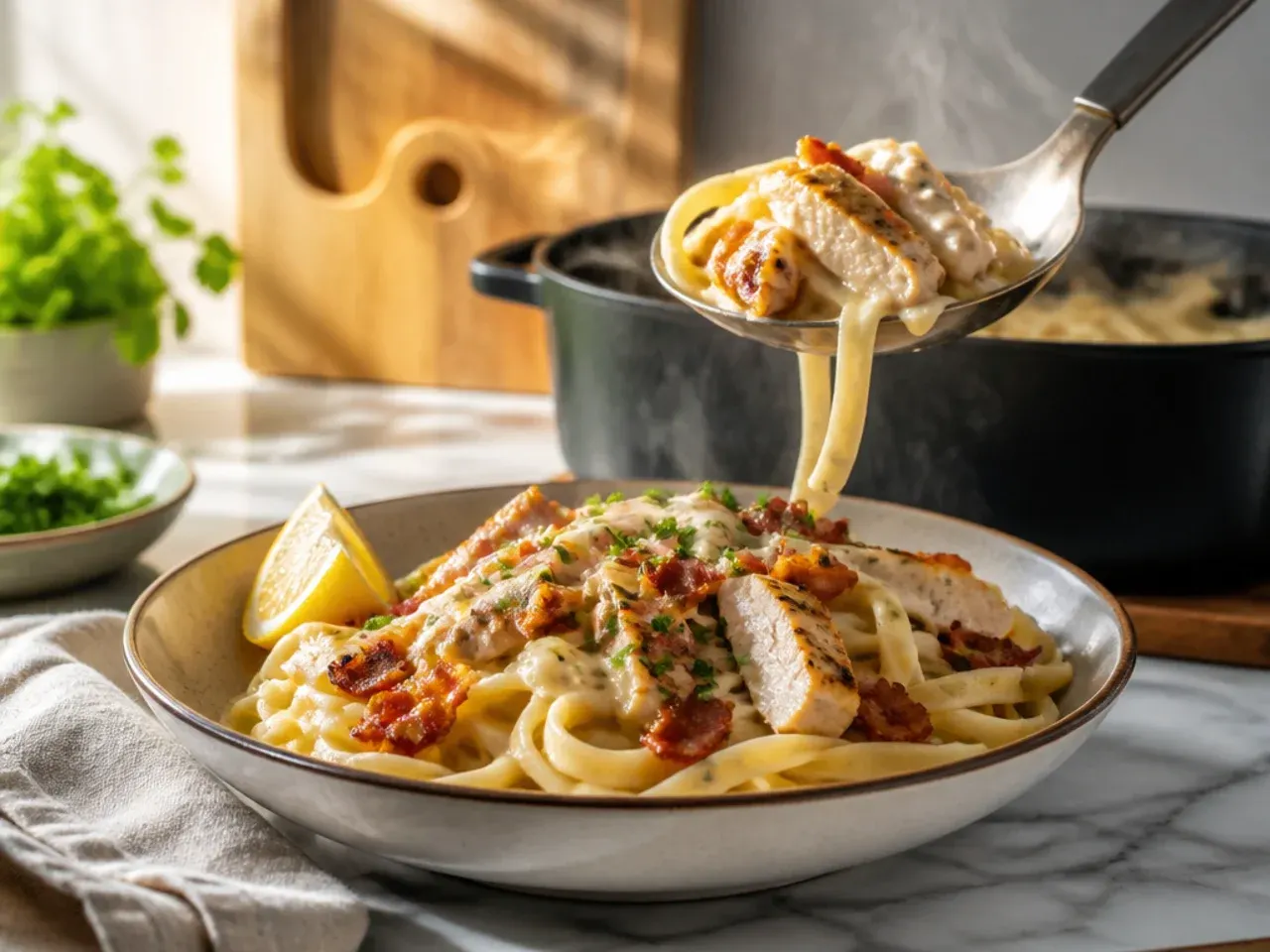 Loaded chicken alfredo pasta topped with crispy bacon pieces