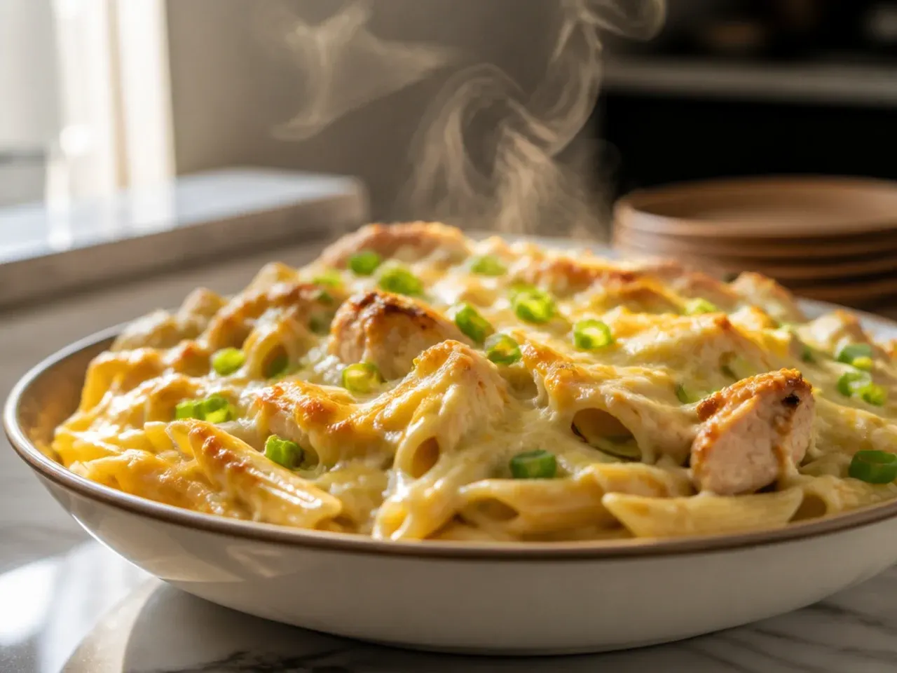 Large family-size baking dish of chicken alfredo pasta with breadcrumb topping