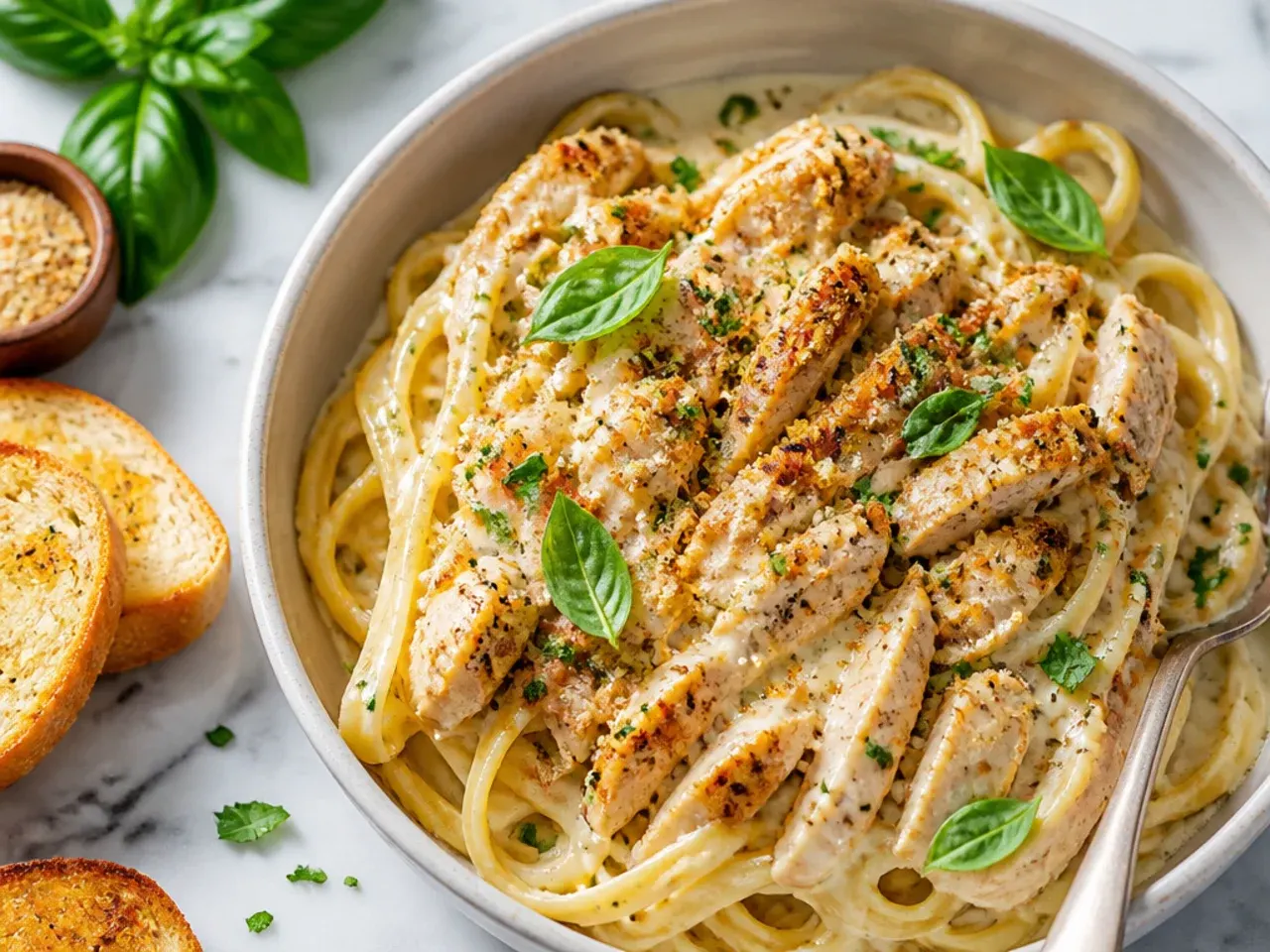 Elegant restaurant-style chicken alfredo pasta plated with tall twirled fettuccine