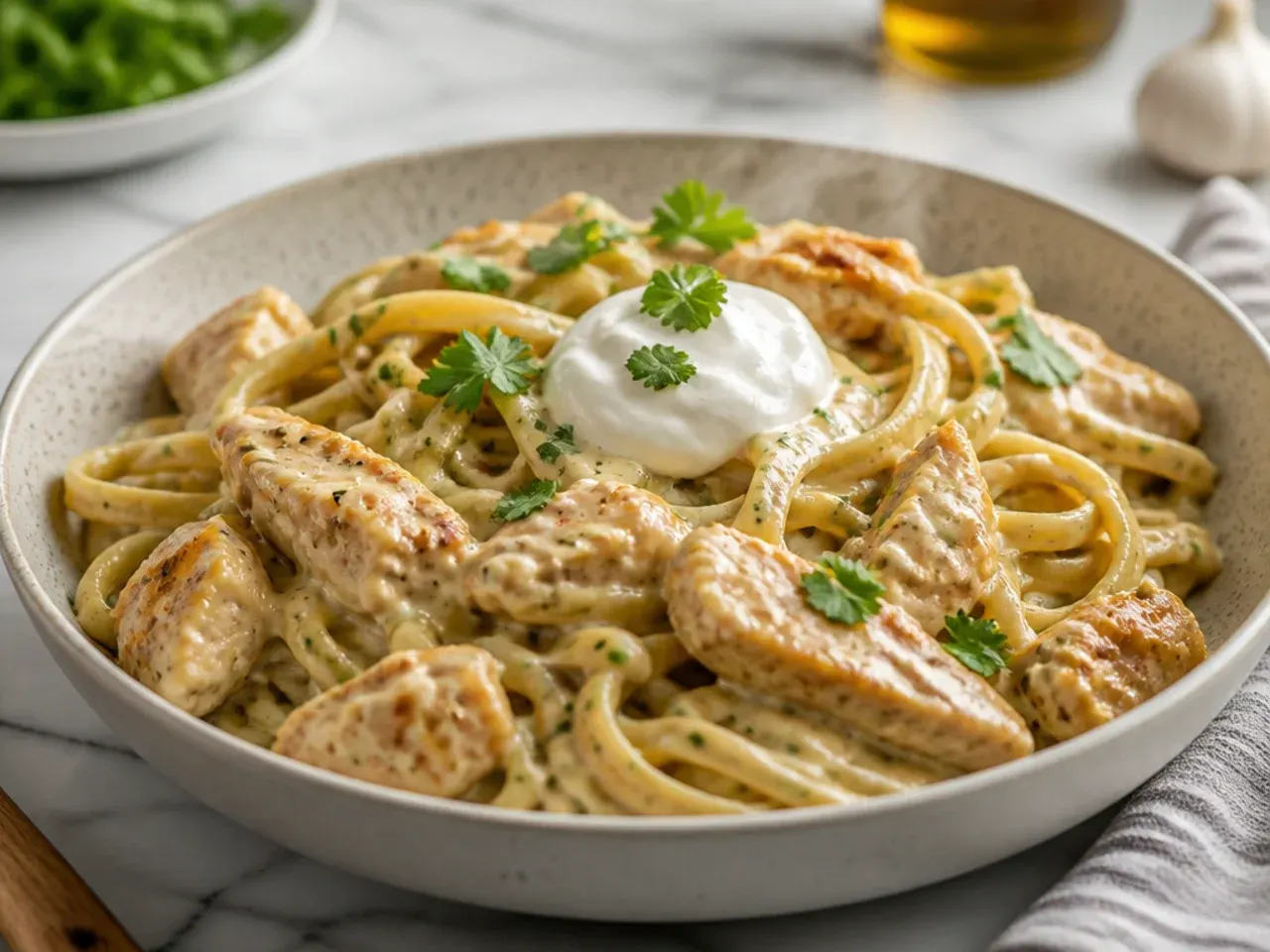 One-pot chicken alfredo pasta simmering in a large stockpot