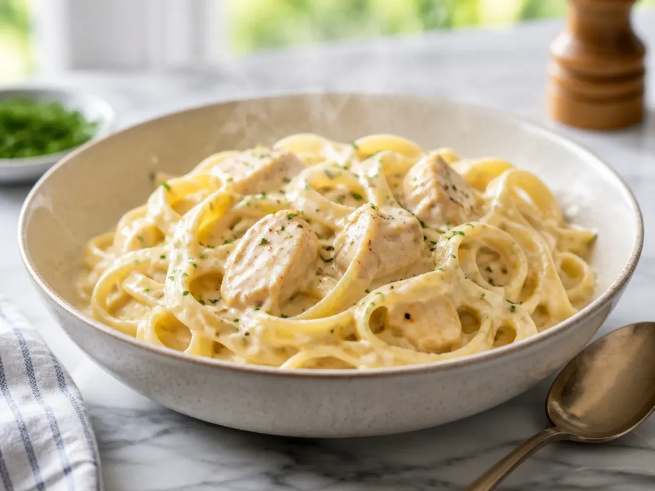Slow-cooker chicken alfredo pasta with shredded chicken in a crockpot